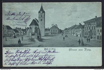 Mondschein-AK Perg, Platz zu Perg mit Kirche