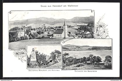 AK Henndorf am Wallersee, Stelzhamers Monument und Wohnhaus, Badeplatz