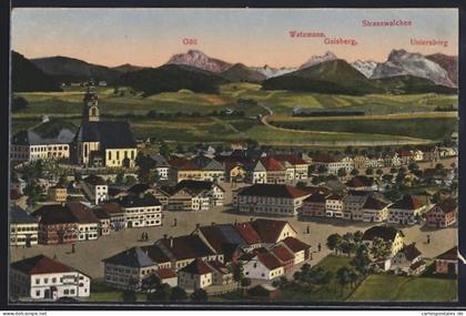 AK Strasswalchen, Ortsansicht mit Göll, Gaisberg und Untersberg