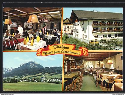 AK Thalgau bei Salzburg, Das Hotel zum Schwabenwirt mit Innenansicht und Panoramablick