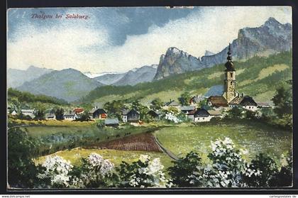 Künstler-AK Thalgau bei Salzburg, Ortspartie mit Kirche