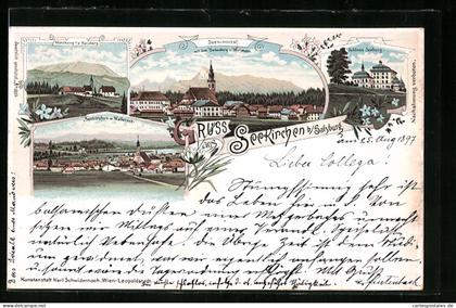 Lithographie Seekirchen b. Salzburg, Mühlberg m. d. Gaisberg, Schloss Seeburg, Seekirchen mit Wallersee