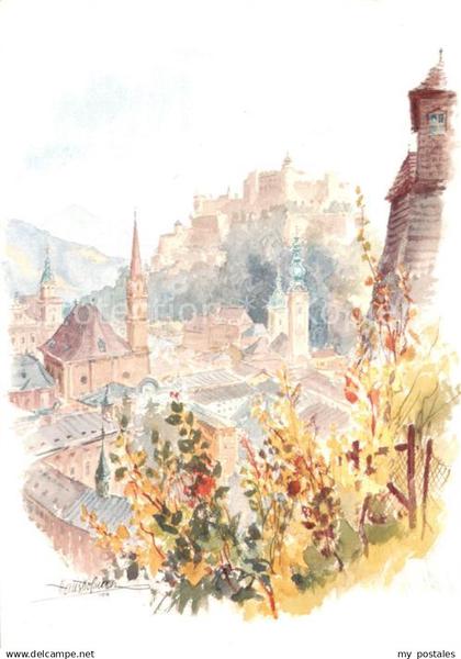 Salzburg  oesterreich Blick ue.d. Stadt z. Festung Kuenstlerkarte Prof. Hans Hof