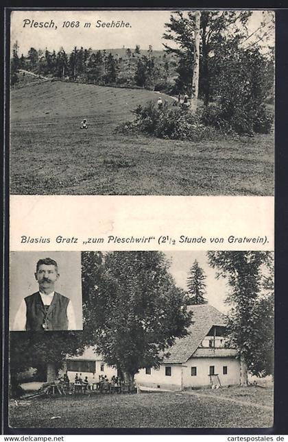 AK Gratwein-Strassengel, Plesch bei Gratwein, Gasthaus von Blasius Gratz zum Pleschwirt, Portrait des Inhabers