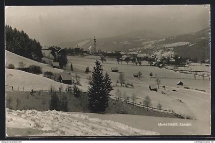 AK Haus /Ennstal, Ortspartie mit Kirche im Schnee