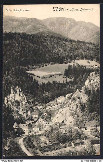 AK Thörl bei Aflenz, Ortsansicht mit Ruine Schachenstein