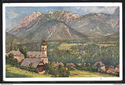 Künstler-AK Haus im Ennstal, Ortspartie mit Kirche