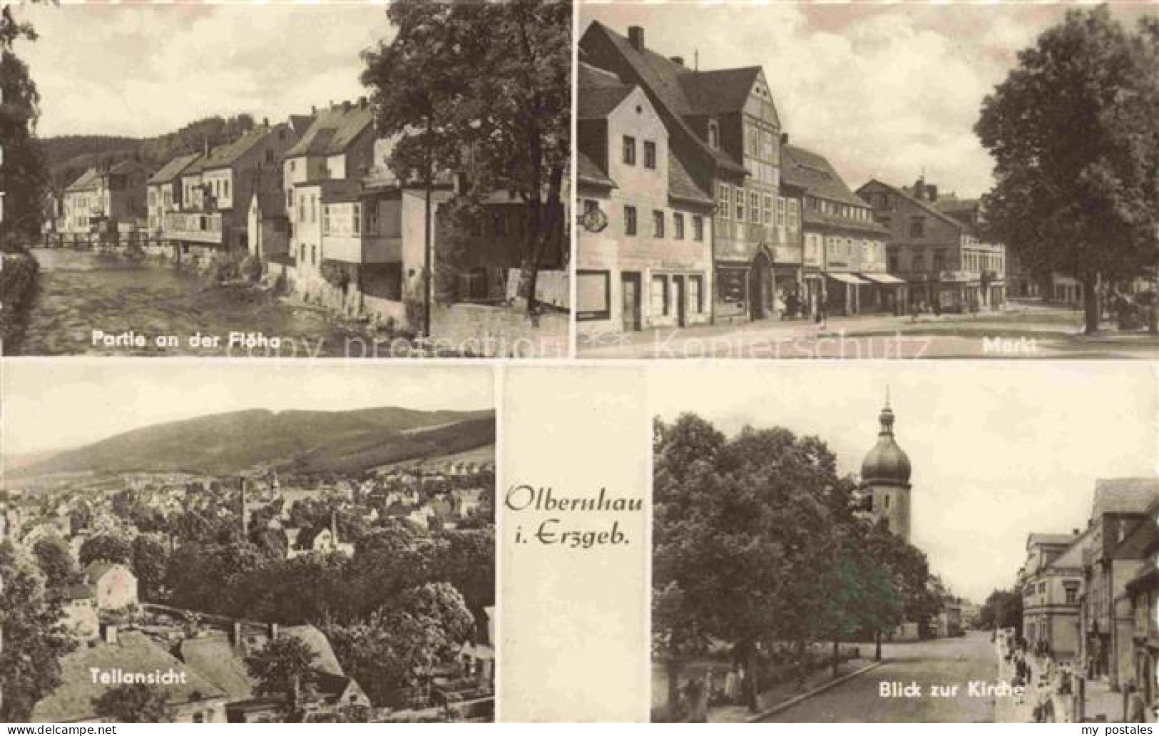 Olbernhau Erzgebirge Floeha Markt Kirche Teilansicht Wohnhaeuser Geschaefte