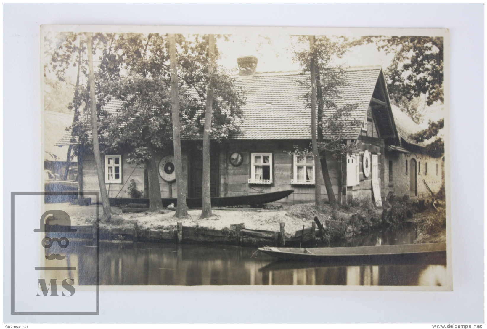 Old Real Photo Postcard Germany -  Old House Near The River - Fishing Boats