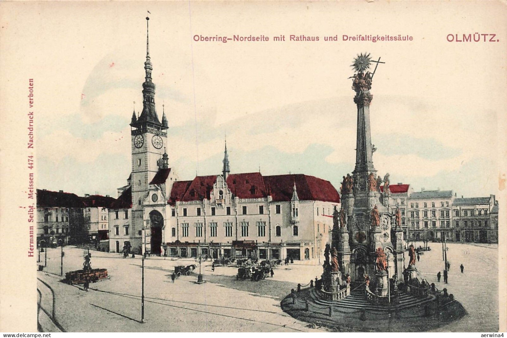 Olmütz (Olomouc) Oberring-Nordseite mit Rathaus und Dreifaltigkeitssäule AK