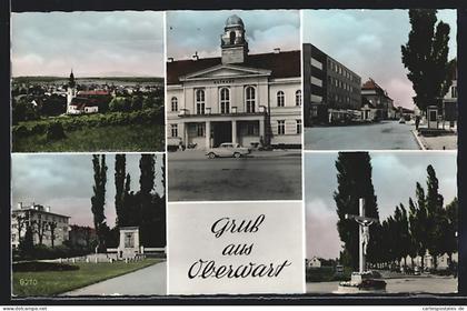 AK Oberwart, Gesamtansicht, Rathaus, Platz mit Monument, Kreuz