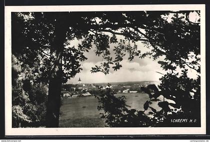 AK Schrems /N. Ö., Ortsansicht zwischen Zweigen hindurch