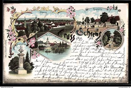 Lithographie Schrems /N.Ö., Hammerling-Denkmal, Hauptplatz, Vereinsberg, Ortsansicht