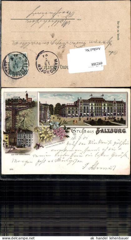 692388 tolle Lithographie Salzburg Electricitäts-Hotel Mönchsberg 1901 Stp Mattighofen