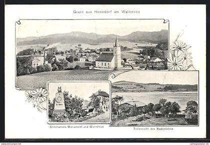 AK Henndorf am Wallersee, Badeplatz, Stelzhamers Monument und Wohnhaus