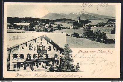 AK Henndorf /Wallersee, Gasthof mit Leuten auf dem Balkon, Partie am Ortsrand mit Kirche