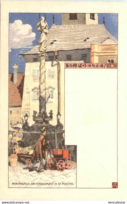 St. Pölten - Mariensäule - Litho - Künstler Ak