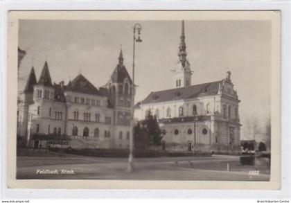 39022877 - Feldbach. Kirche Sparkasse gelaufen am 11.08.1943. leichte Eckabschuerfungen, leichter Bug unten links und r