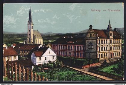 AK Zeltweg /Obersteier, Ortsansicht mit Kirche und Gärten