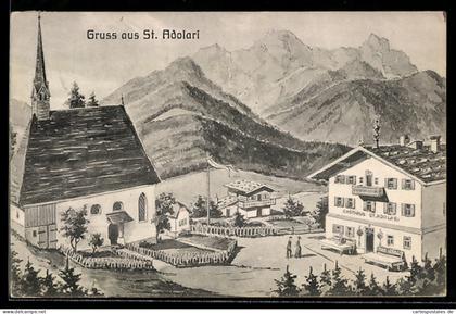 Künstler-AK St. Ulrich am Pillersee, Gasthaus St. Adolari und Kirche