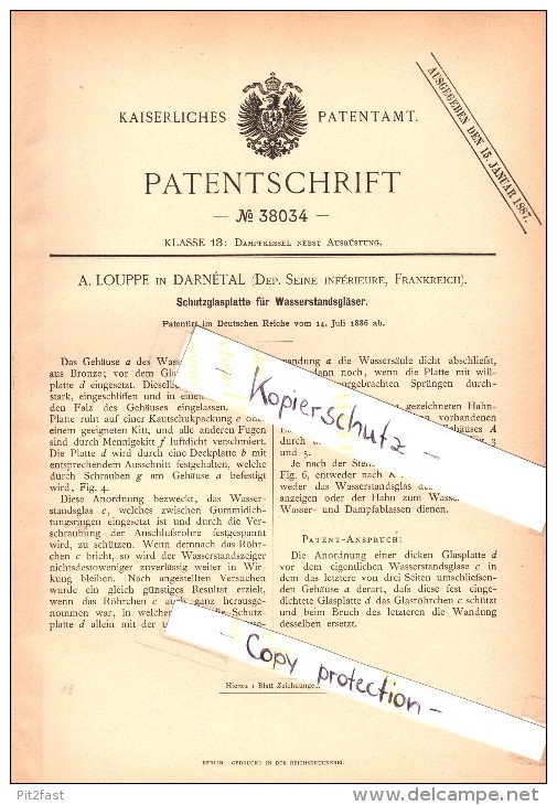 Original Patent - A. Louppe à Darnétal , Seine , 1886 , Verre de protection pour machine à vapeur !!!