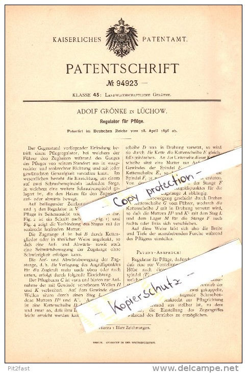 Original Patent - Adolf Grönke in Lüchow , 1896 , Regulator für Pflüge , Landwirtschaft !!!