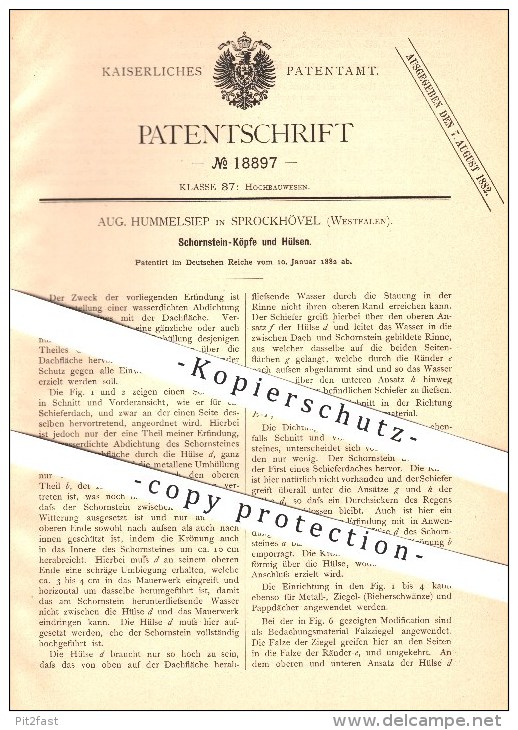 original Patent - Aug. Hummelsiep in Sprockhövel , 1882 , Schornsteinköpfe und Hülsen , Schornstein , Schornsteinfeger !