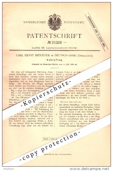 Original Patent - C.E. Brückner in Deutsch Ossig b. Görlitz , 1882 , Kehrpflug , Pflug , Landwirtschaft , Agrar !!!