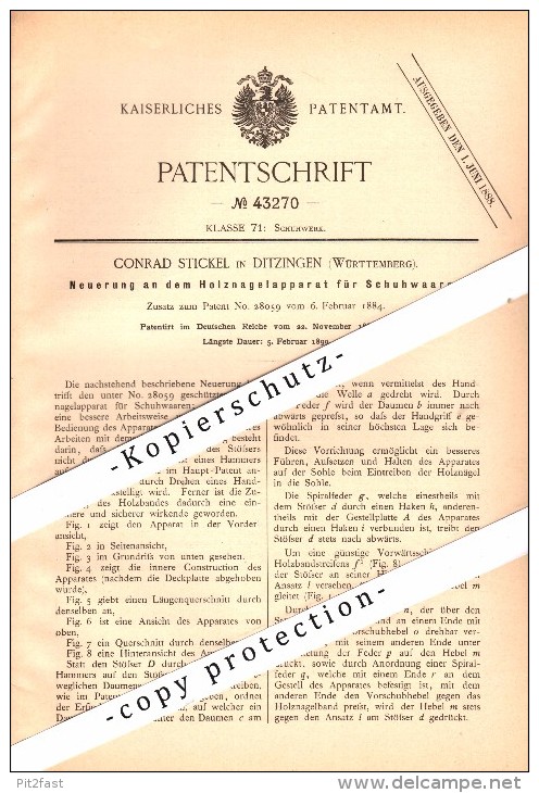 Original Patent - C. Stickel in Ditzingen , Württemberg , 1887 , Holznagelapparat für Schuhwaaren , Schuhmacher  !!!