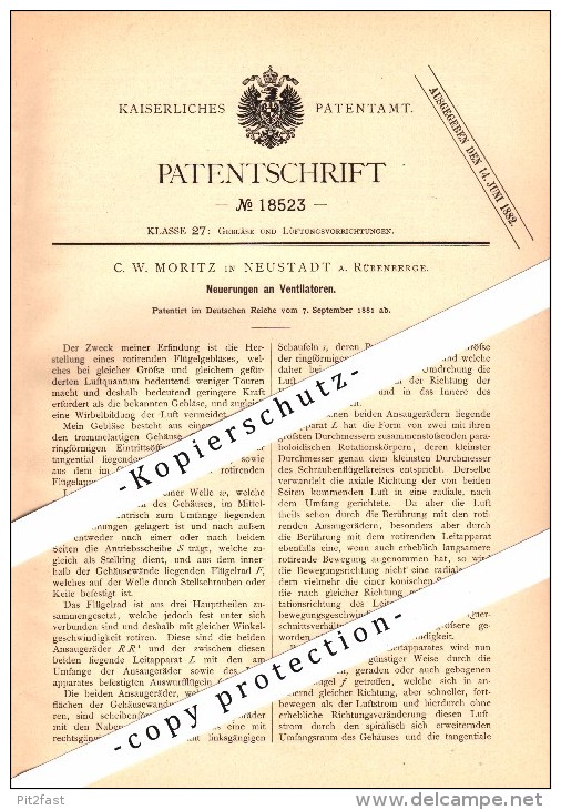 Original Patent - C.W. Moritz in Neustadt am Rübenberge , 1881 , Ventilator , Gebläse , Landwirtschaft , Agrar !!!