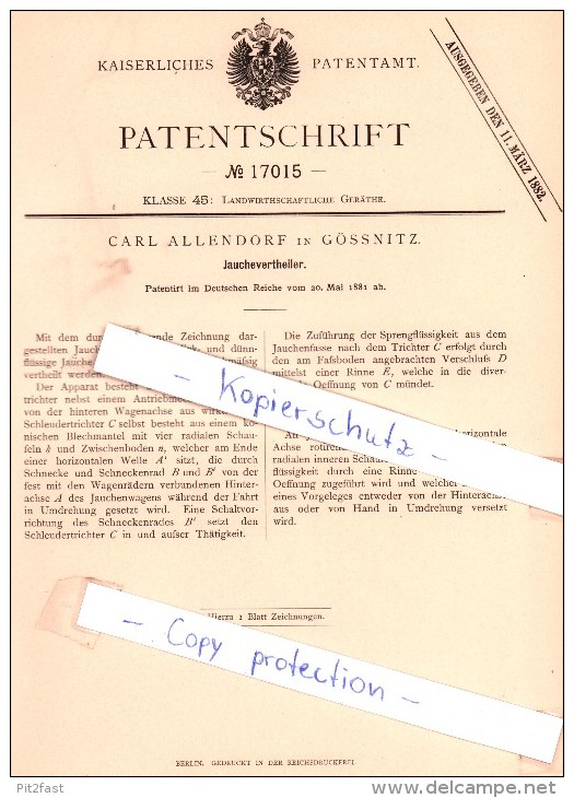 Original Patent - Carl Allendorf in Gössnitz , 1881 ,  Jauchevertheiler !!!