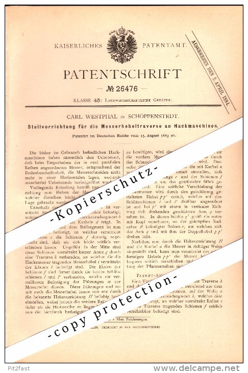 Original Patent - Carl Westphal in Schöppenstedt b. Wolfenbüttel , 1883 , Messerhebeltraverse an Hackmaschinen , Agrar !