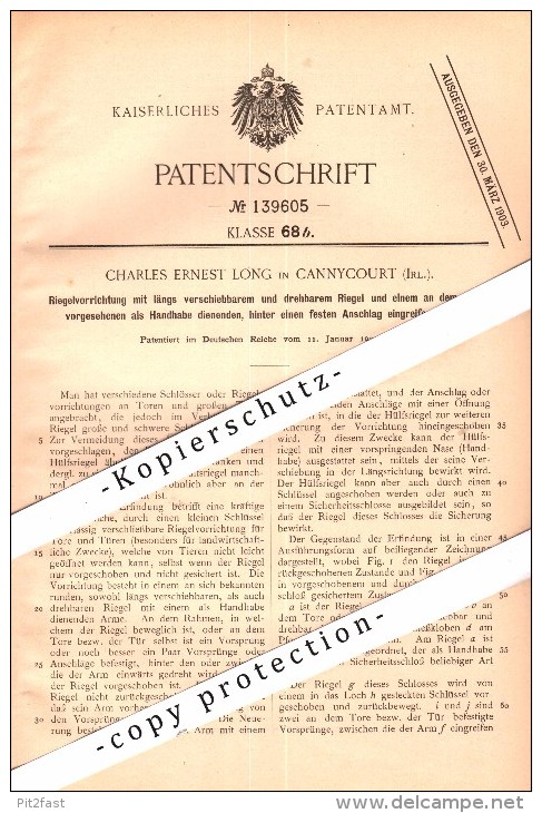 Original Patent - Charles E. Long in Cannycourt , Ireland , 1902 , Lock for gates , Kilcullen , Kildare !!!