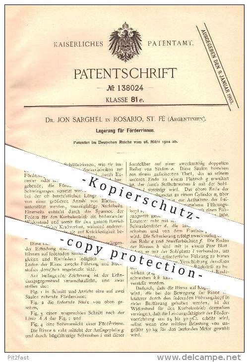 original Patent - Dr. Jon Sarghél in Rosario , St. Fé , Argentinien , 1902 , Lagerung für Förderrinnen !!!