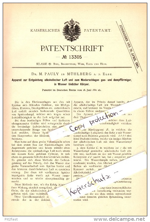 Original Patent - Dr. M. Pauly in Mühlberg a.d. Elbe , 1880 , Apparat zur Entgeistung alkoholischer Luft , Brauerei !!!