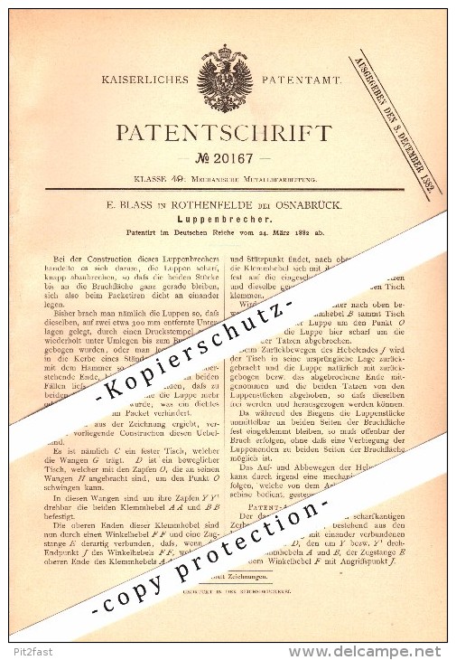 Original Patent - E. Blass in Bad Rothenfelde b. Osnabrück , 1882 , Luppenbrecher , Metallbau !!!