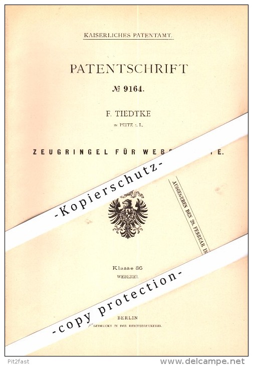 Original Patent - F. Tiedtke in Peitz i.L. , 1879 , Zeugringel für Webschäfte , Weberei , Webstuhl !!!