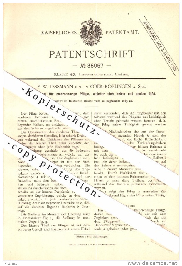 Original Patent - F.W. Lessmann in Ober Röblingen am See / Seegebiet Mansfelder Land , 1885 , Schemel für Plüge , Agrar