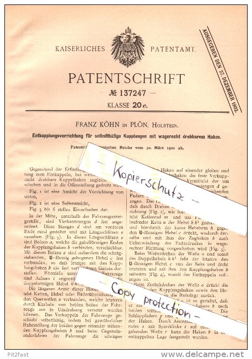 Original Patent - Franz Köhn in Plön , Holstein , 1902 , Entkupplungsvorrichtung für Kupplungen , Eisenbahn !!!