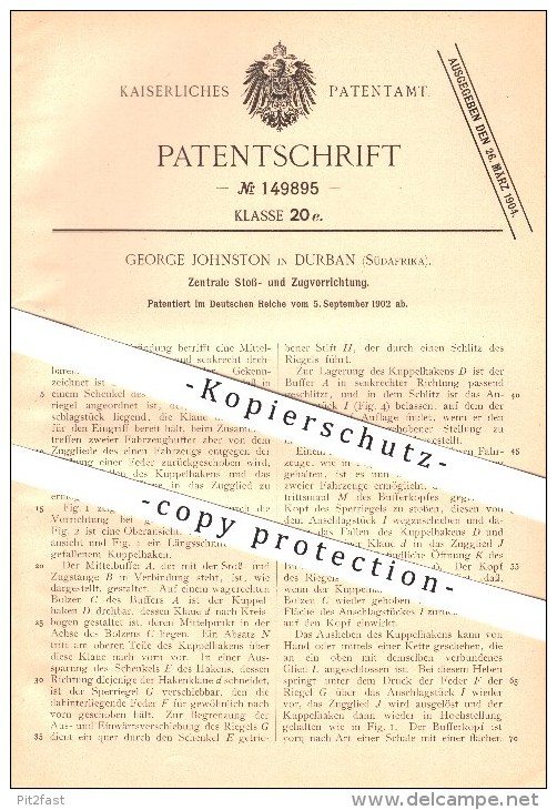 original Patent - George Johnston in Durban , Südafrika , 1902 , Zentrale Stoß- und Zugvorrichtung , Fahrzeuge !!!