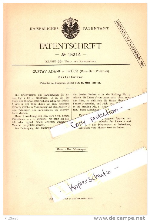 Original Patent - Gustav Adami in Brück b. Potsdam , 1881 , Bartschützer , Bart !!!