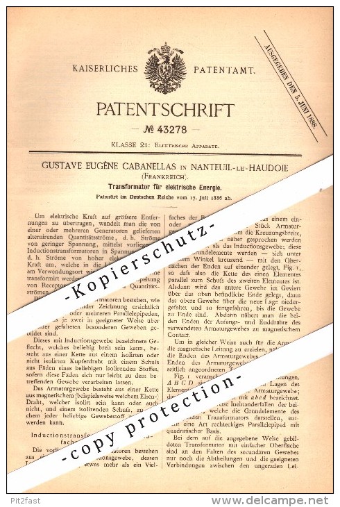 Original Patent - Gustave Cabanellas à Nanteuil-le-Haudouin , 1886 , Transformateur pour l'énergie électrique !!!
