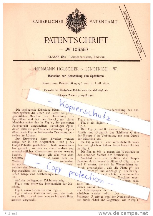 Original Patent - Hermann Hölscher in Lengerich i. W. , 1898 , Herstellung von Spitzdüten !!!