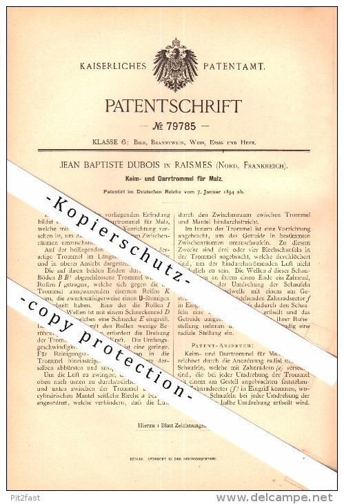 Original Patent - Jean Baptiste Dubois in Raismes , Nord , 1894 , Darrtrommel für Malz , Brauerei , Alkohol , Bier !!!