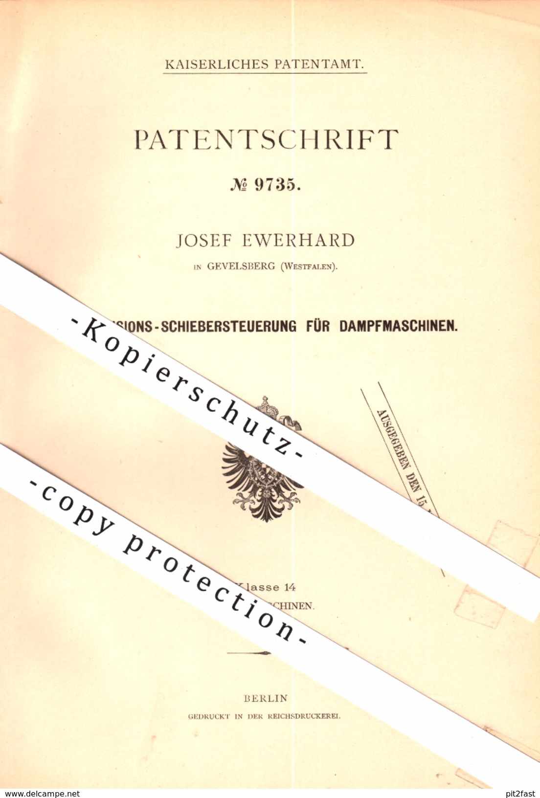 original Patent - Josef Ewerhard in Gevelsberg , Westfalen , 1879 , Steuerung für Dampfmaschine !!!
