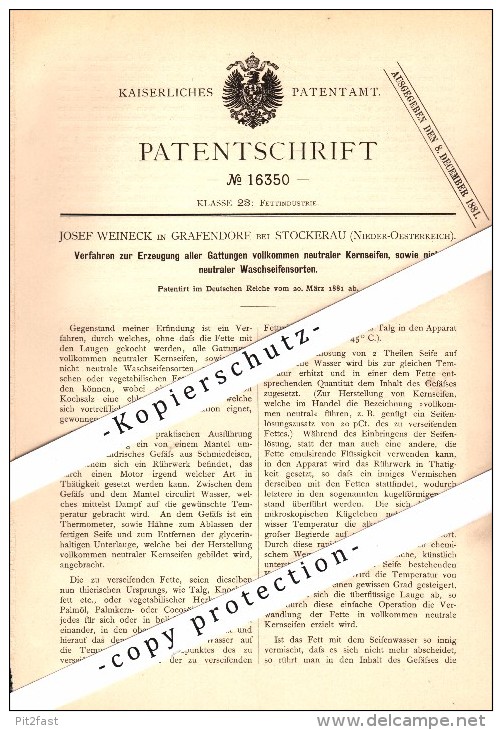 Original Patent - Josef Weineck in Grafendorf b. Stockerau , Niederösterreich , 1881 , Erzeugung von Kernseife , Seife !