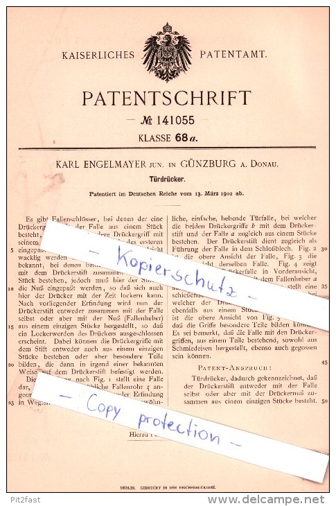 Original Patent -  Karl Engelmayer jun. in Günzburg a. Donau , 1902 , Türdrücker !!!