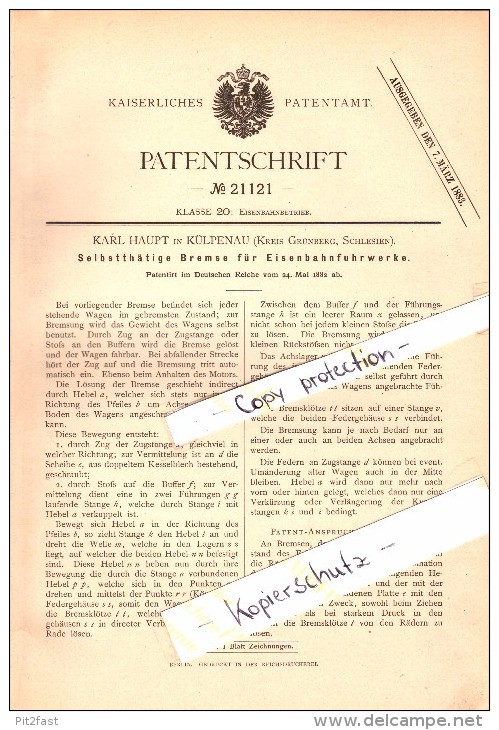 Original Patent -  Karl Haupt in Külpenau / Kielpin , 1882 , Bremse für Eisenbahn , Grünberg / Zielona Góra i. Schlesien