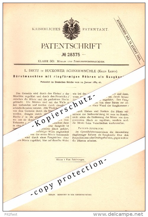 Original Patent - L. Dietz in Buckower Schneidemühle , Kreis Lebus , 1884 , Bürstenmaschine für Mühle , Buckow !!!