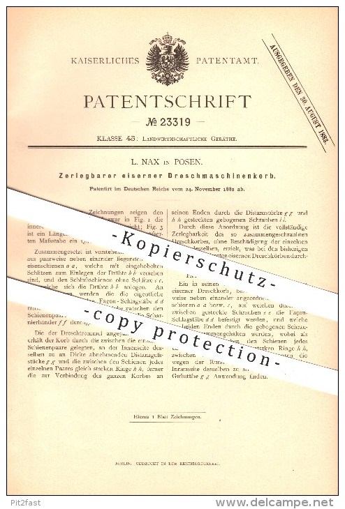 original Patent - L. Nax in Posen , 1882 , Zerlegbarer eiserner Dreschmaschinenkorb , Landwirtschaft !!!